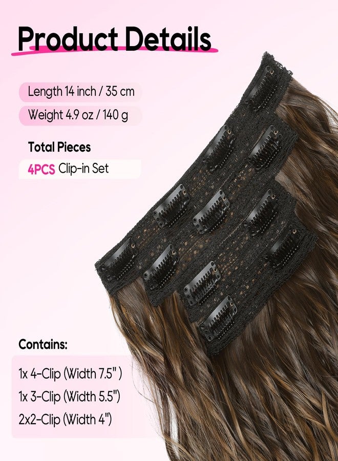 REECHO Clip in Hair Extensions, 4PCS 14" Short Wavy Hair Extensions Invisible Lace Weft Natural Soft Hairpieces for Women Chocolate Brown with Highlights - Image 2